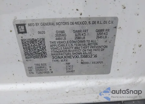 2020 Chevrolet Equinox Fwd Ls z USA, uszkodzony, nr VIN 3GNAXHEVXLS683266